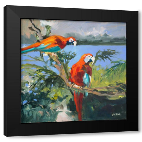Parrots at Bay II Black Modern Wood Framed Art Print by Slivka, Jane