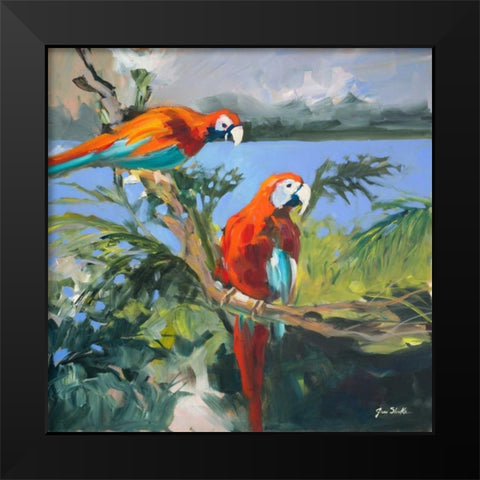 Parrots at Bay II Black Modern Wood Framed Art Print by Slivka, Jane