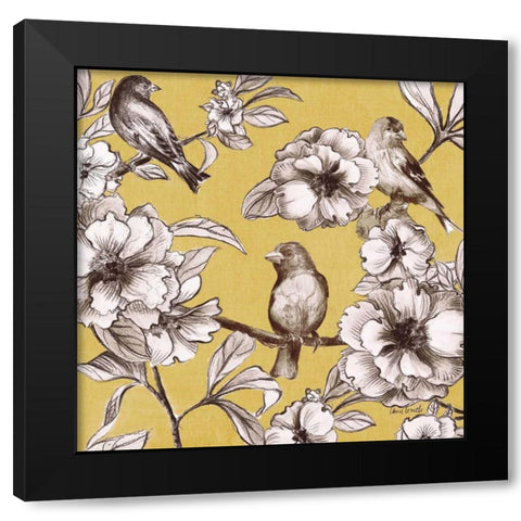 Peonies and Birds on Yellow I Black Modern Wood Framed Art Print with Double Matting by Loreth, Lanie