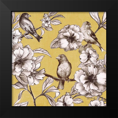 Peonies and Birds on Yellow I Black Modern Wood Framed Art Print by Loreth, Lanie