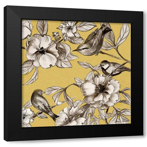 Peonies and Birds On Yellow II Black Modern Wood Framed Art Print by Loreth, Lanie