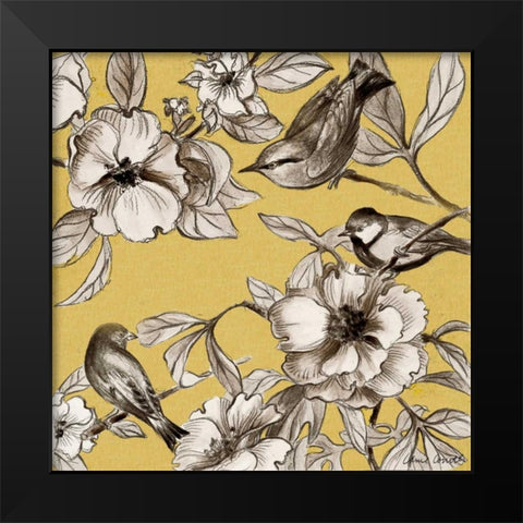 Peonies and Birds On Yellow II Black Modern Wood Framed Art Print by Loreth, Lanie