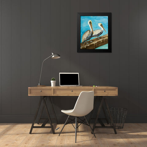 Two Pelicans on Dock Rail Black Modern Wood Framed Art Print by DeRice, Julie