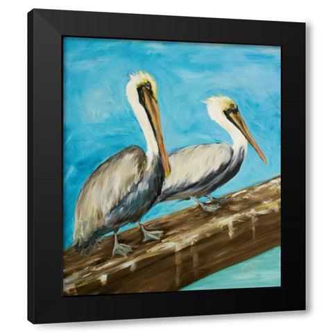 Two Pelicans on Dock Rail Black Modern Wood Framed Art Print with Double Matting by DeRice, Julie