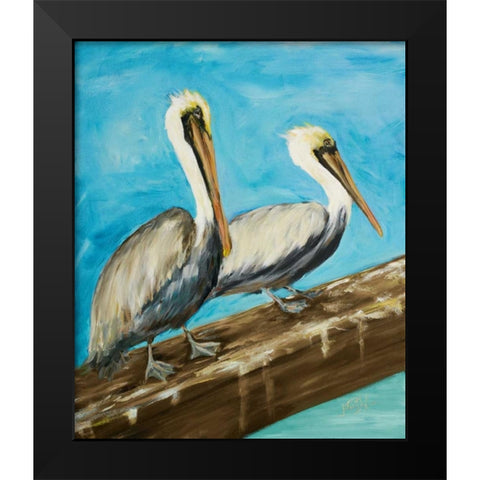 Two Pelicans on Dock Rail Black Modern Wood Framed Art Print by DeRice, Julie