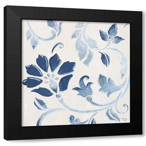 Blue Floral Shimmer I Black Modern Wood Framed Art Print with Double Matting by Hakimipour, Tiffany