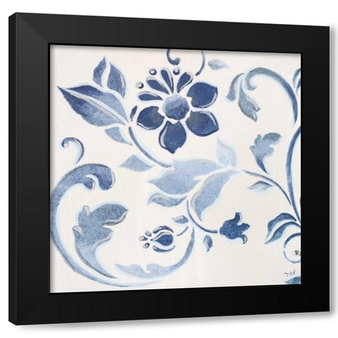 Blue Floral Shimmer II Black Modern Wood Framed Art Print with Double Matting by Hakimipour, Tiffany