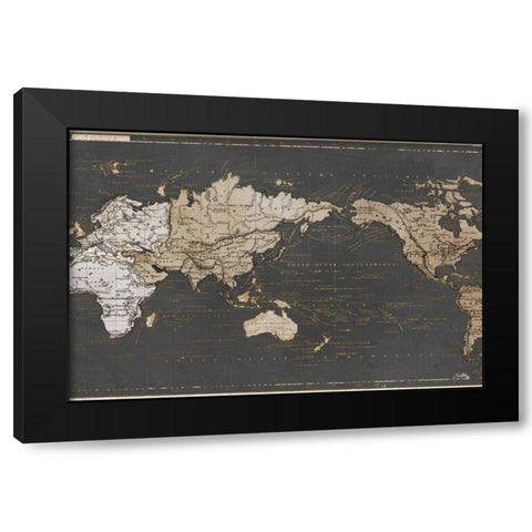 World Map in Gold and Gray Black Modern Wood Framed Art Print with Double Matting by Medley, Elizabeth