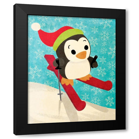 Skiing Penguin Black Modern Wood Framed Art Print by Josefina