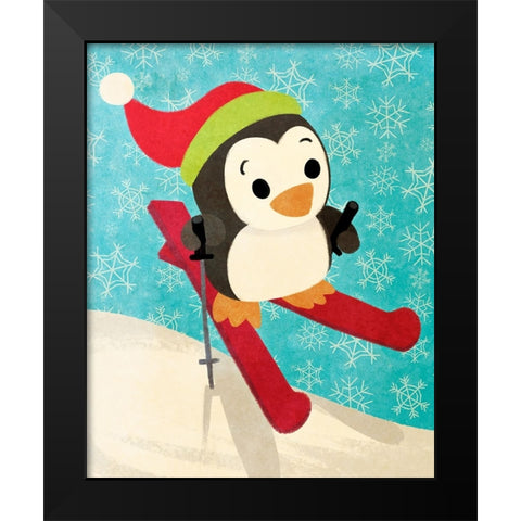 Skiing Penguin Black Modern Wood Framed Art Print by Josefina
