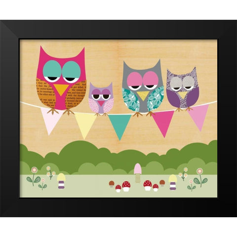 Flag Banner Owls Black Modern Wood Framed Art Print by Schoen, Claudia
