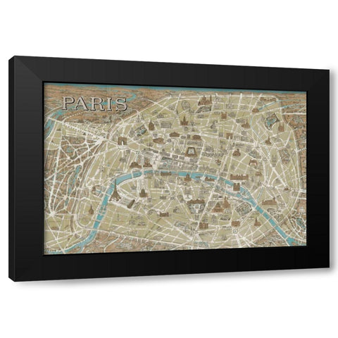 Monuments of Paris Map Blue Black Modern Wood Framed Art Print with Double Matting by Wild Apple Portfolio