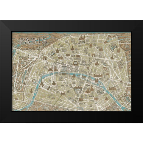 Monuments of Paris Map Blue Black Modern Wood Framed Art Print by Wild Apple Portfolio