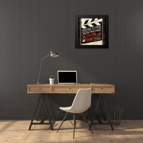 Action Thriller Black Modern Wood Framed Art Print by Pela Studio
