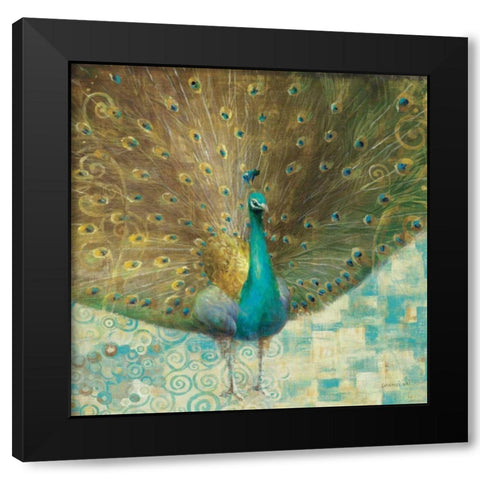 Teal Peacock on Gold Black Modern Wood Framed Art Print by Nai, Danhui