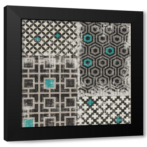 Geometric Patchwork Peacock Blue Square II Black Modern Wood Framed Art Print by Pela Studio