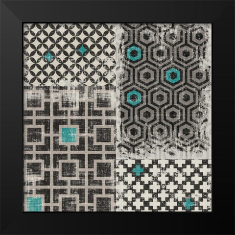 Geometric Patchwork Peacock Blue Square II Black Modern Wood Framed Art Print by Pela Studio