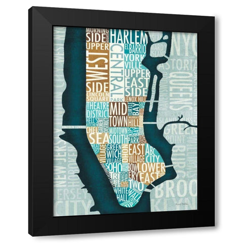 Manhattan Map Blue Brown  Black Modern Wood Framed Art Print with Double Matting by Mullan, Michael