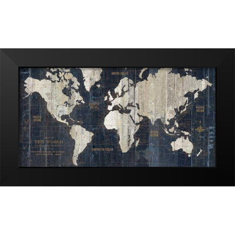 Old World Map Blue Black Modern Wood Framed Art Print by Wild Apple Portfolio