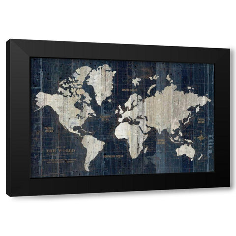 Old World Map Blue Black Modern Wood Framed Art Print by Wild Apple Portfolio