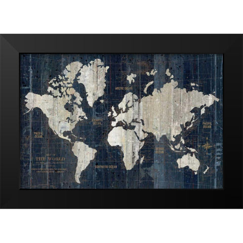 Old World Map Blue Black Modern Wood Framed Art Print by Wild Apple Portfolio