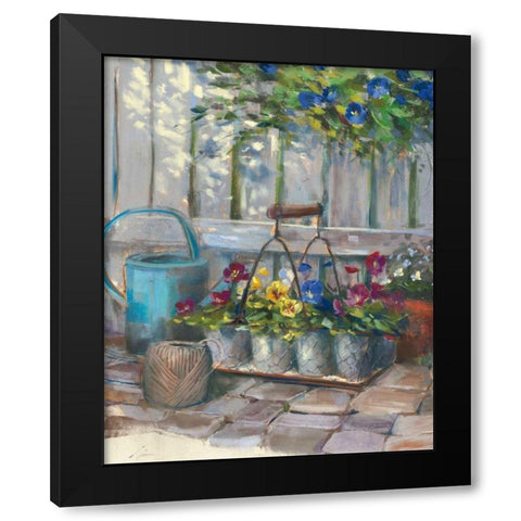 Pansies in Wire Basket Black Modern Wood Framed Art Print by Rowan, Carol