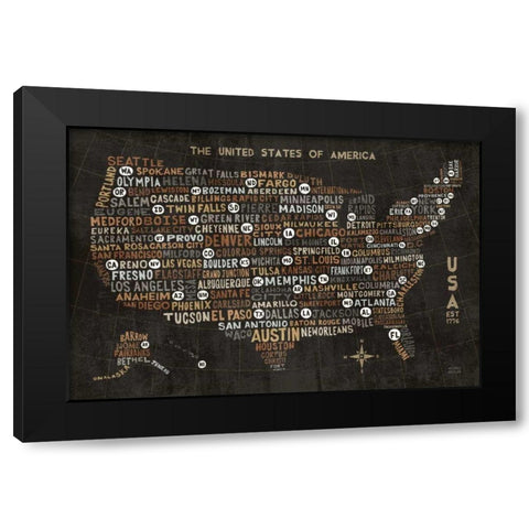 US City Map Black Black Modern Wood Framed Art Print with Double Matting by Mullan, Michael