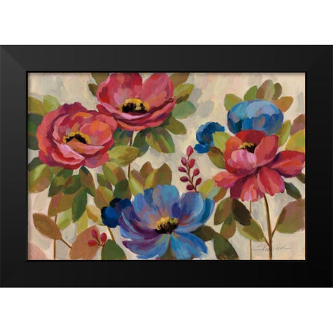 Coral and Blue Flowers Black Modern Wood Framed Art Print by Vassileva, Silvia