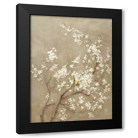 White Cherry Blossom I Neutral Crop Bird Black Modern Wood Framed Art Print with Double Matting by Nai, Danhui