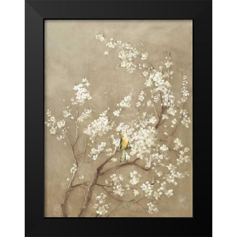 White Cherry Blossom I Neutral Crop Bird Black Modern Wood Framed Art Print by Nai, Danhui