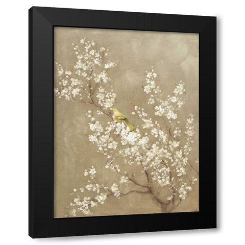 White Cherry Blossom II Neutral Crop Bird Black Modern Wood Framed Art Print with Double Matting by Nai, Danhui