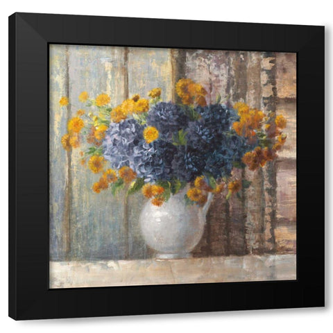 Fall Dahlia Bouquet Crop Blue Black Modern Wood Framed Art Print with Double Matting by Nai, Danhui