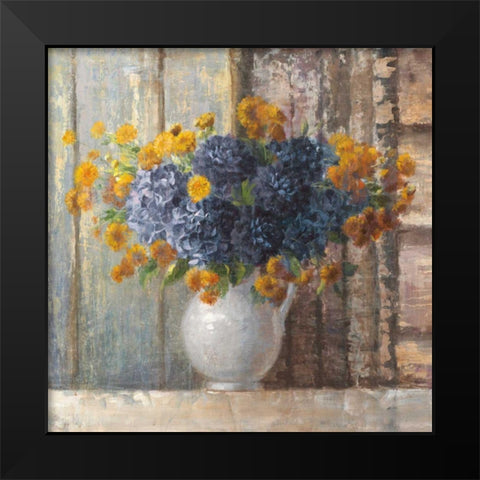 Fall Dahlia Bouquet Crop Blue Black Modern Wood Framed Art Print by Nai, Danhui