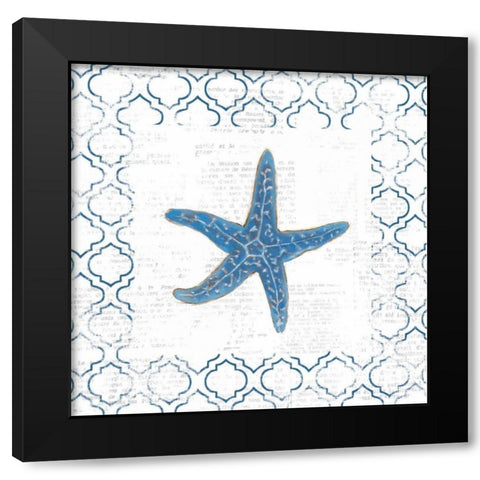 Navy Starfish on Newsprint Black Modern Wood Framed Art Print with Double Matting by Adams, Emily