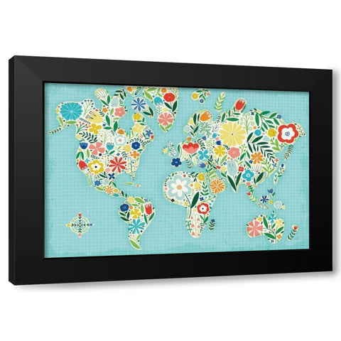 Floral World Blue Black Modern Wood Framed Art Print by Mullan, Michael