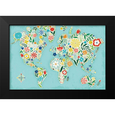 Floral World Blue Black Modern Wood Framed Art Print by Mullan, Michael