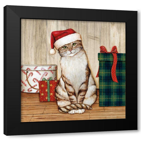 Christmas Kitty on Planked Wood Black Modern Wood Framed Art Print with Double Matting by Brown, David Carter
