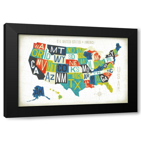 Letterpress USA Map Black Modern Wood Framed Art Print with Double Matting by Mullan, Michael