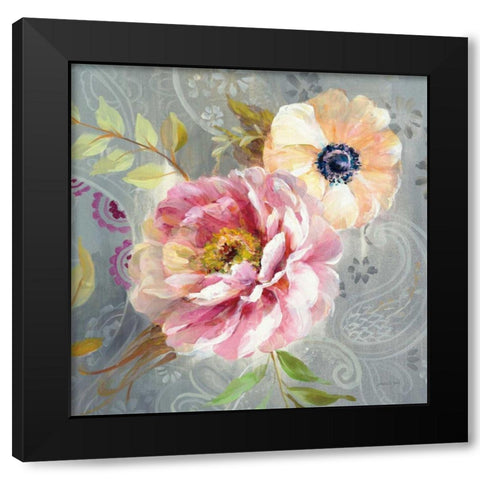 Peonies and Paisley III Black Modern Wood Framed Art Print with Double Matting by Nai, Danhui