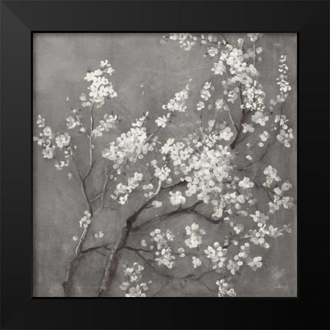 White Cherry Blossoms I on Grey Crop Black Modern Wood Framed Art Print by Nai, Danhui