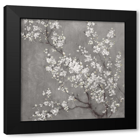 White Cherry Blossoms II on Grey Crop Black Modern Wood Framed Art Print by Nai, Danhui