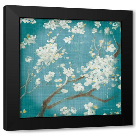 White Cherry Blossoms I on Teal Aged no Bird Black Modern Wood Framed Art Print with Double Matting by Nai, Danhui