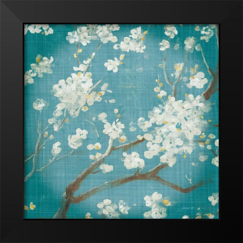 White Cherry Blossoms I on Teal Aged no Bird Black Modern Wood Framed Art Print by Nai, Danhui
