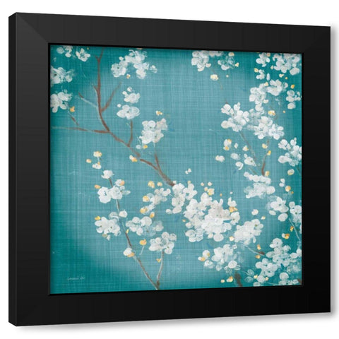 White Cherry Blossoms II on Teal Aged no Bird Black Modern Wood Framed Art Print with Double Matting by Nai, Danhui