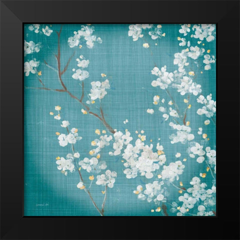 White Cherry Blossoms II on Teal Aged no Bird Black Modern Wood Framed Art Print by Nai, Danhui