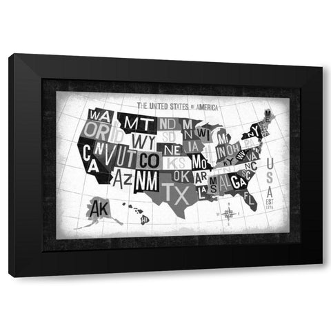 Letterpress USA Map Dark Black Modern Wood Framed Art Print with Double Matting by Mullan, Michael