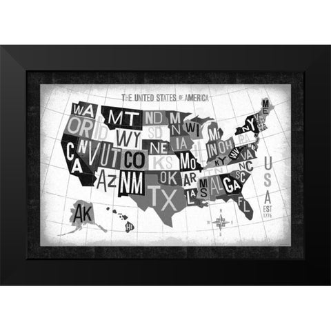 Letterpress USA Map Dark Black Modern Wood Framed Art Print by Mullan, Michael