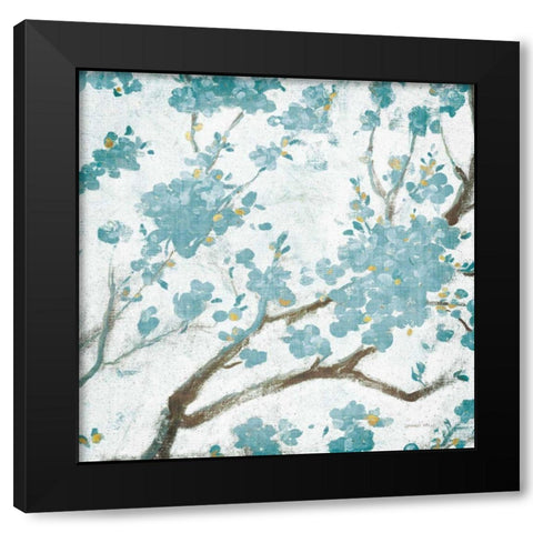 Teal Cherry Blossoms I on Cream Aged no Bird Black Modern Wood Framed Art Print by Nai, Danhui