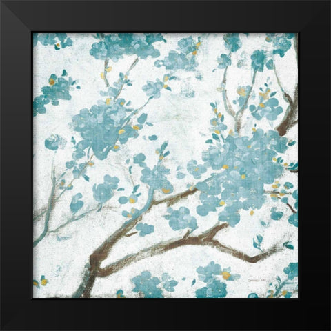 Teal Cherry Blossoms I on Cream Aged no Bird Black Modern Wood Framed Art Print by Nai, Danhui