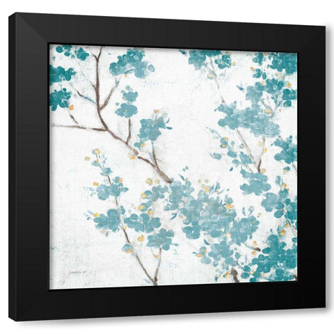 Teal Cherry Blossoms II on Cream Aged no Bird Black Modern Wood Framed Art Print with Double Matting by Nai, Danhui